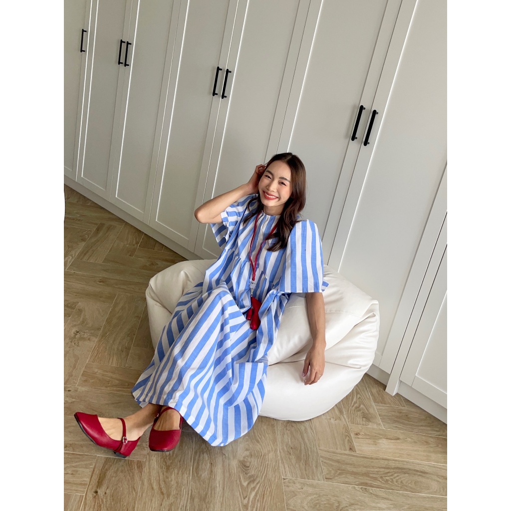 CHAWY Strip blue dress 🌟🌎 C4548  เดรสยาวมินิมอล เดรสมินิมอล - รูปที่ 5