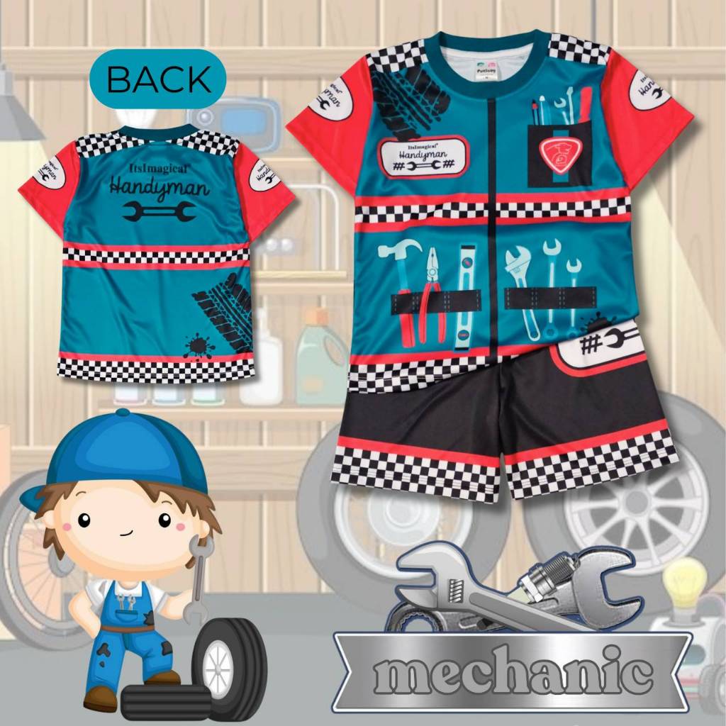 MCN0839 ชุดเด็ก ชุดอาชีพเด็ก เสื้อแขนสั้น+กางเกงขาสั้น ผ้าไมโครเกรดA ลายชุดช่างซ่อมรถ เสื้อผ้าเด็ก ชุดเด็กแฟชั่น