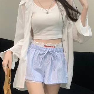 🌸พร้อ​มส่ง🌸กางเกงขาสั้นผู้หญิง ลายทาง เเต่งกระดุม เอวยางยืด ผ้ายืดหยุ่น ใหม่ กางเกงขาสั้นลายทาง