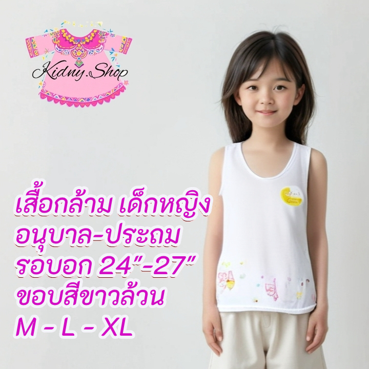 เสื้อทับใน เสื้อซับใน เด็กผู้หญิง  4-6 ปี M-L-XL ทรงกล้าม สีขาว ขอบขาว เนื้อผ้าเบา มีลายสกรีนการ์ตูน #365