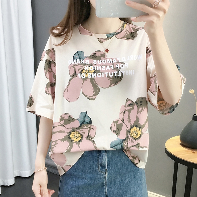 LHSunday  Hot fashion เสื้อยืดคอกลม แขนสั้น สำหรับสตรี ดีเทลพิมพ์ลายดอกไม้ มาใหม่ เนื้อผ้าดี ใส่สบาย ไม่ร้อน สาวๆต้องมี