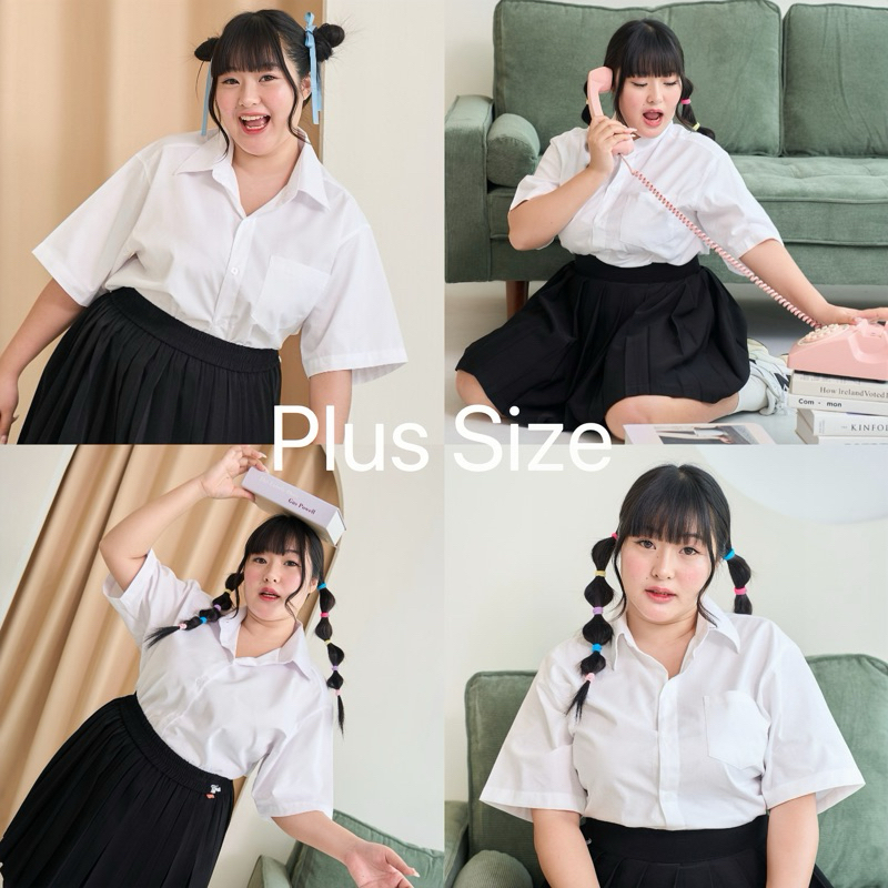 🩶ไซส์ใหญ่🩶 เสื้อนักศึกษาทรงบอย ทรงบอยสาวอวบ คอจีน-คอปก รอบอก40-56