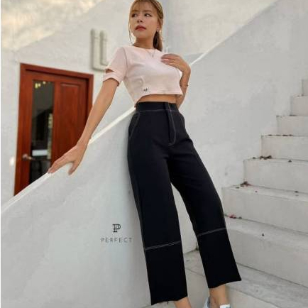 ⚡️ส่งต่อ⚡️กางเกงขาเต่อแต่งด้านขาว ขากระบอก 7 ส่วน ไซส์ XL สีดำ 🖤 จากร้าน Montha Style