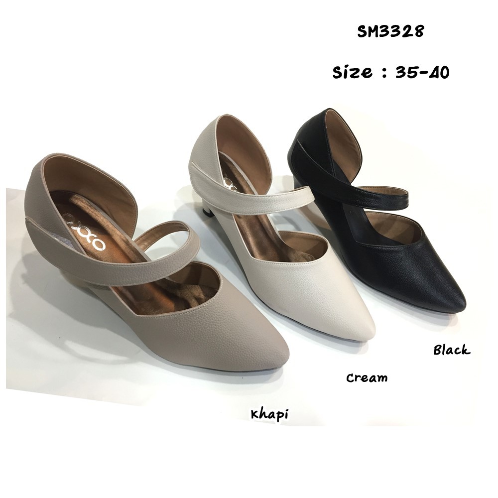 prettycomfort รองเท้าคัทชูส้นสูง แฟชั่น ใส่ทำงาน หนังpuนุ่ม พร้อมสายคาดหลังเท้าปรับระดับได้ sm3328