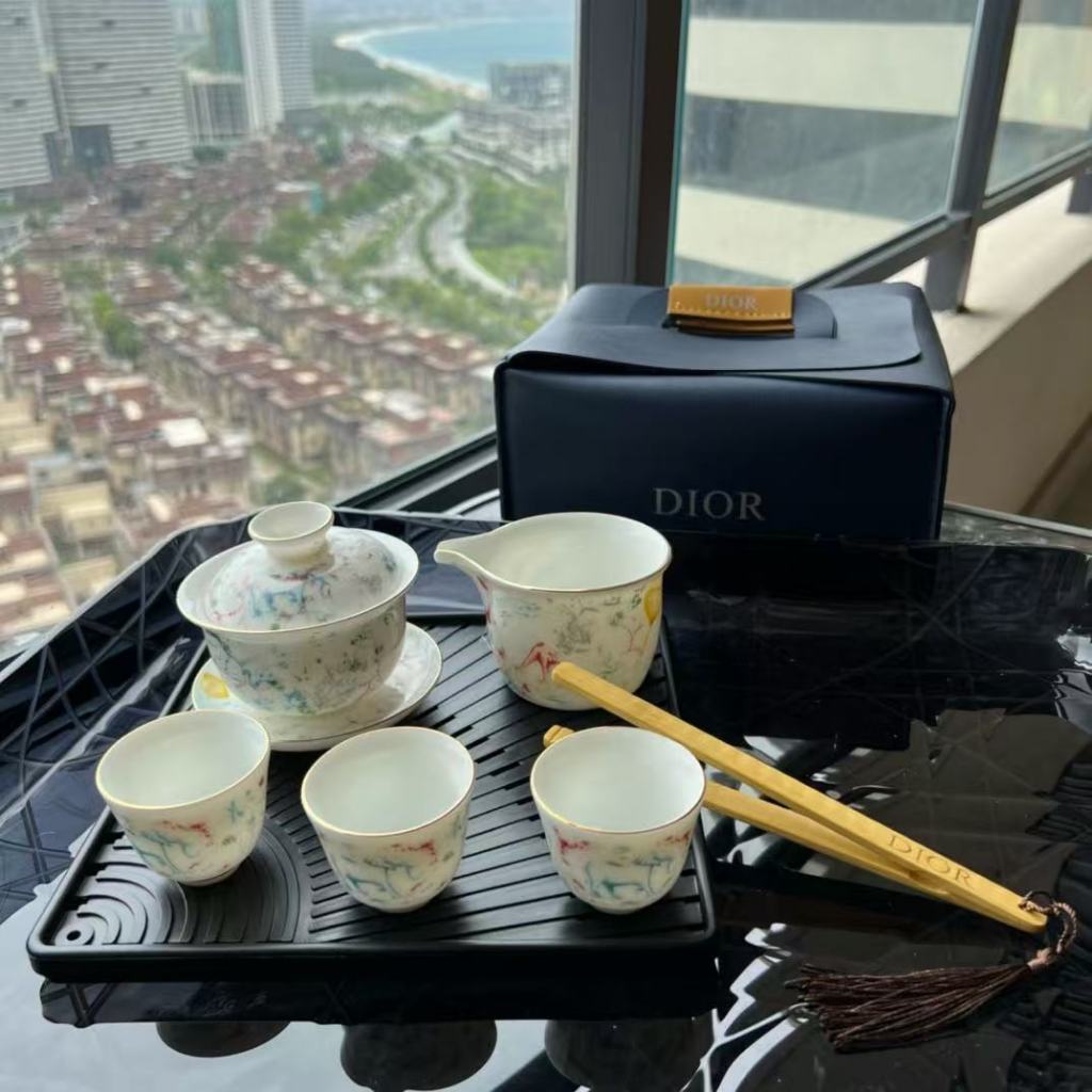 Dior Chinese Tea Set Series Leather Bag Gift Box High Bone Porcelain Tea Tray Tea Set Afternoon Tea 