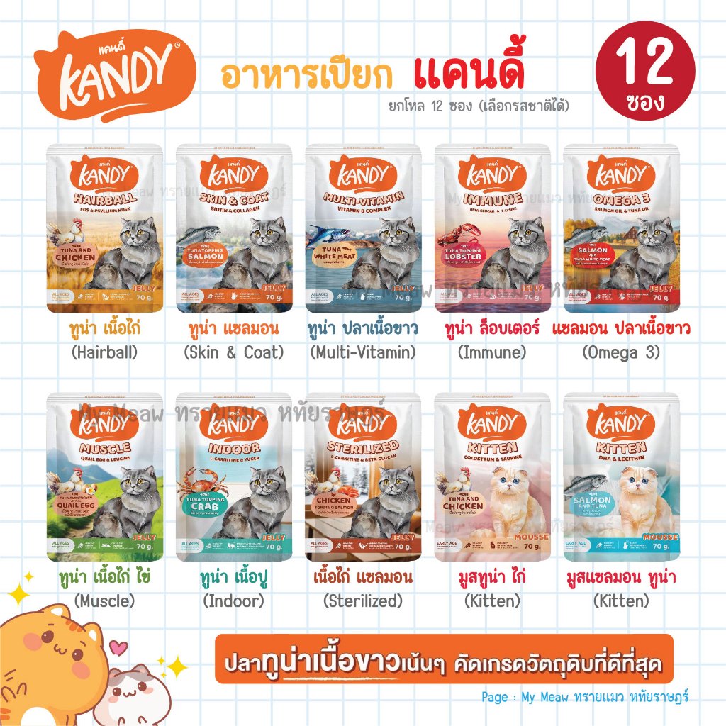 [ 12 ซอง ] Kandy อาหารเปียกแมว แคนดี้ ผลิตจากปลาเนื้อขาว ไม่เติมเกลือ ขนาด 70 g. รสไก่ แซลมอน ทูน่า