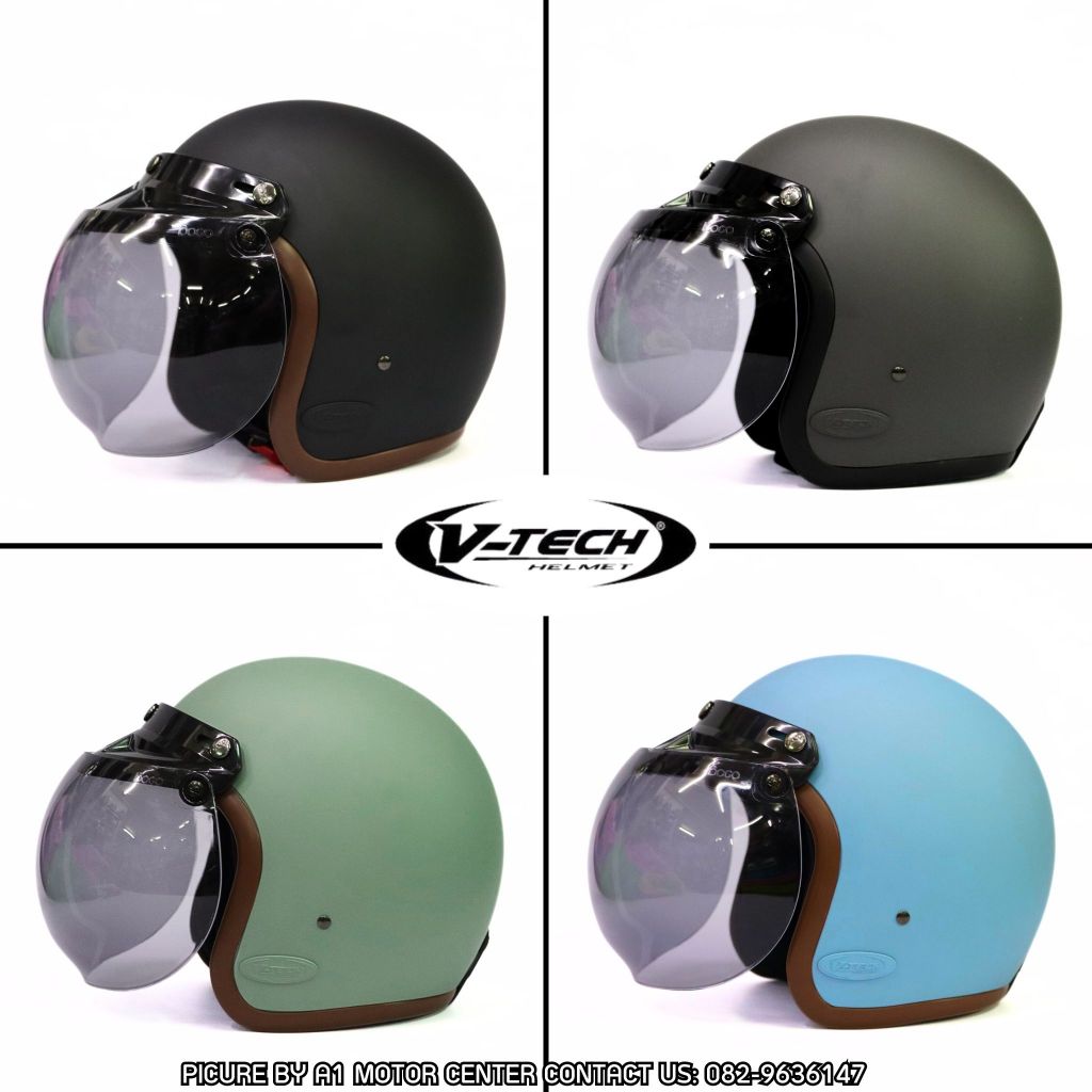 หมวกกันน็อควินเทจ V-TECH รุ่น A-300 พร้อมหน้ากาก BOGO ฟรีไซซ์ รอบศีรษะไม่เกิน 59 cm มาตรฐาน มอก. หมว