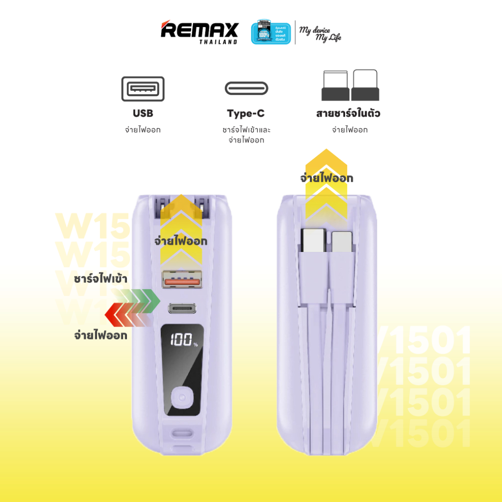 Remax Power Bank  ความจุ 15,000 mAh (W1501) - แบตสำรอง ชาร์จไว มีสายชาร์จและปลั๊กในตัว - 4