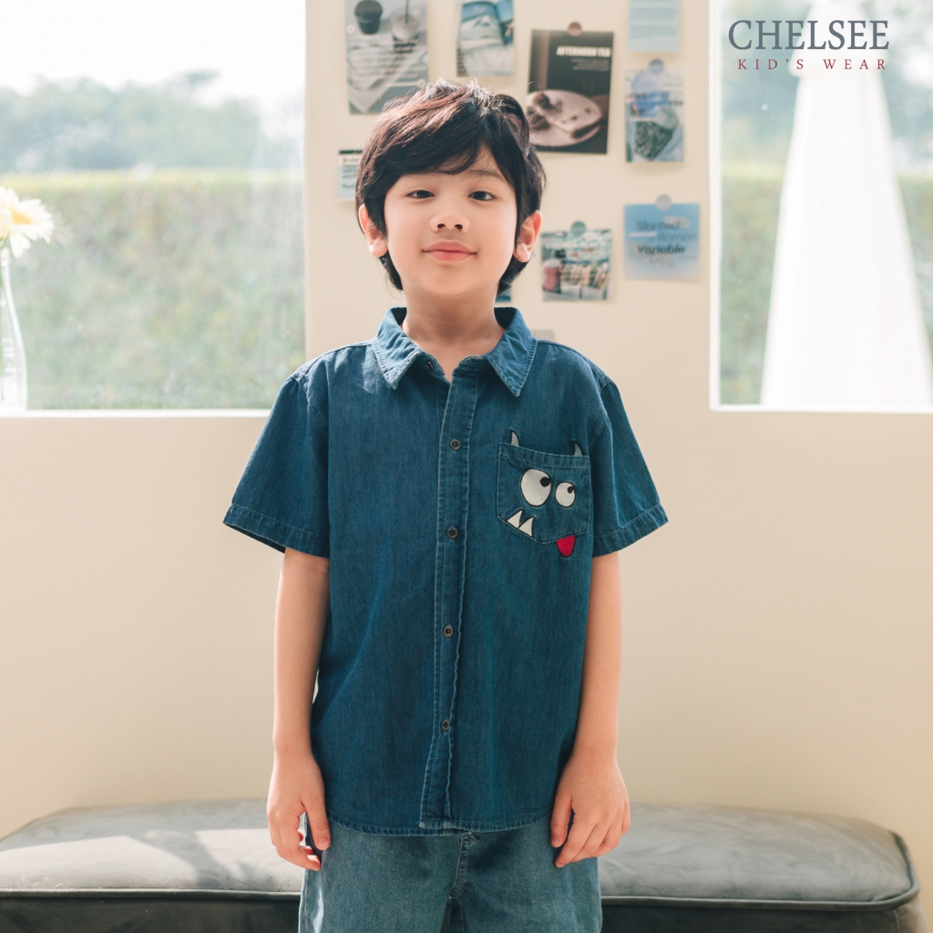 Chelsee قميص أولاد جينز سادة نصف كم — صورة 2