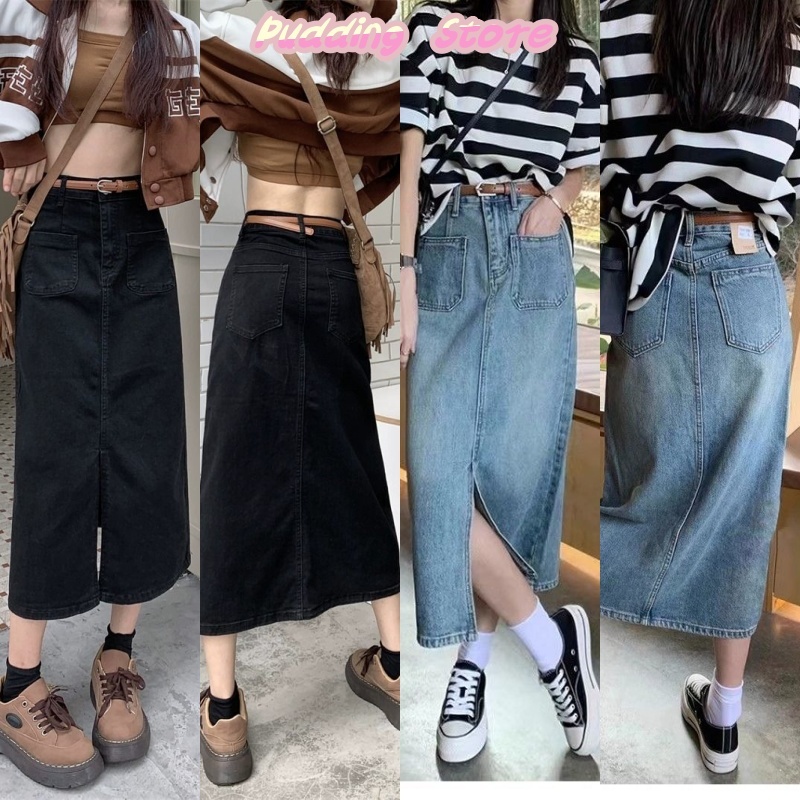 Pudding ~พร้อมส่ง~ "008"กางกระโปรงยีนส์ เอวสูง กระโปรงยาว ทรงเท่กระเป๋าหน้าเก๋(แถมเข็มขัด)  -NZ
