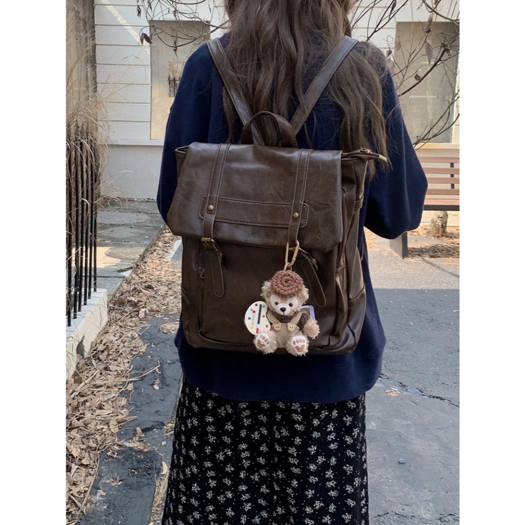 กระเป๋าเป้สะพายหลังสไตล์เกาหลี รุ่น Vi082 หนัง PU นิ่ม สีน้ำตาล จุของได้เยอะ ใส่แท็บเล็ตได้