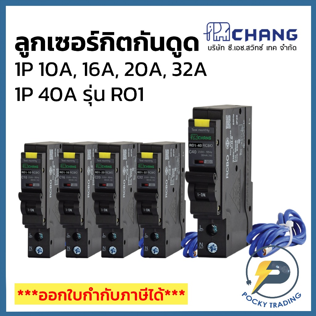 CHANG ลูกเซอร์กิตกันดูด (RCBO) 1P 10A 16A 20A 32A 40A 10kA รุ่น RO1 Plug On ใช้แทน Schneider ได้เลย