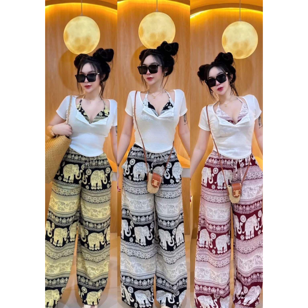 JZ ชุดเซ็ต 3 ชิ้น ลายช้างผ้าไหมอิตาลี บราผูกคอ+กางเกงขายาวมีกระเป๋าข้าง+เสื้อคลุมผ้าร่อง น่ารักมาก