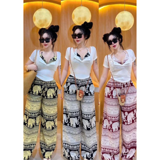 JZ ชุดเซ็ต 3 ชิ้น ลายช้างผ้าไหมอิตาลี บราผูกคอ+กางเกงขายาวมี…