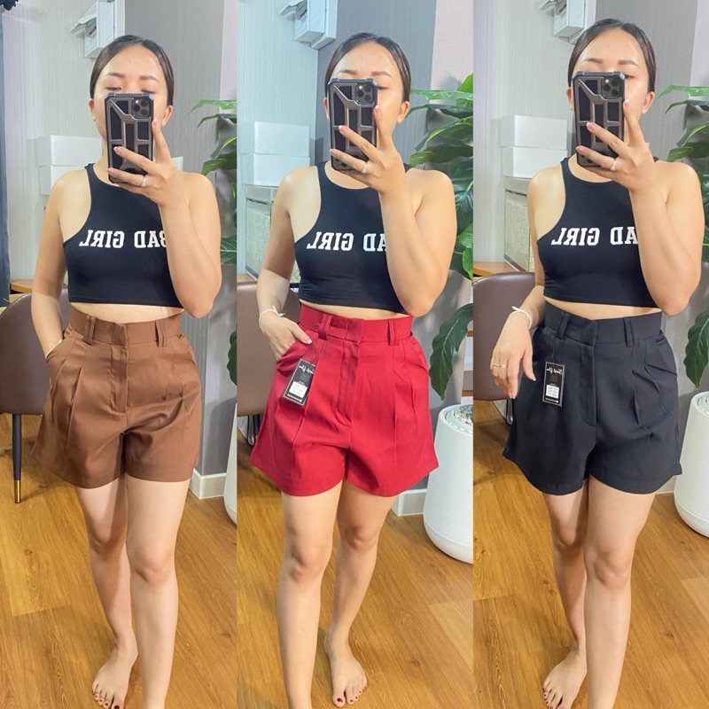 กางเกงขาสั้น ห่วงคู่ จีบหน้า ยาว 16 นิ้ว (T) S-M-L-XL-2xl-3xl Lady women