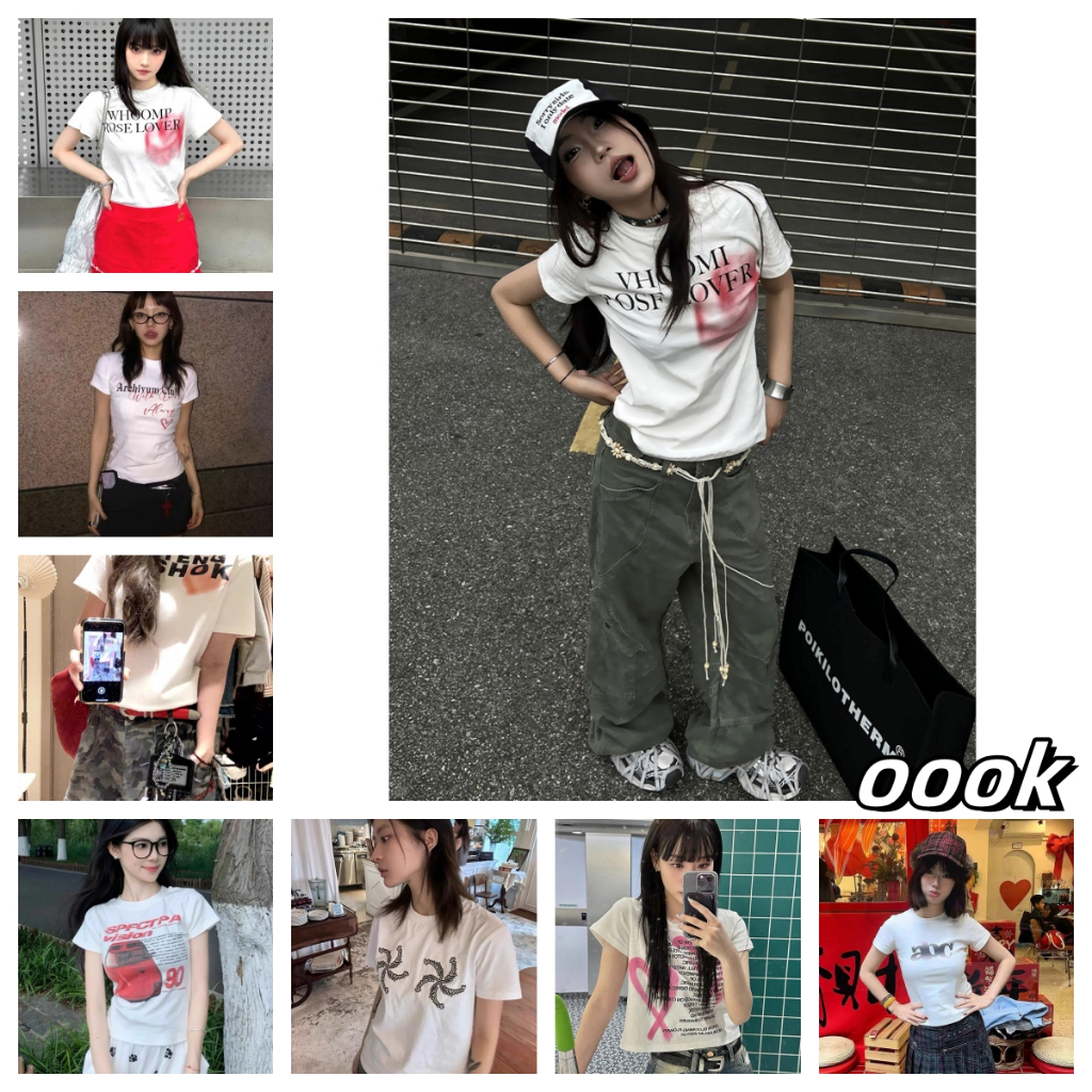 (จัดส่งตลอด 24 ชั่วโมง）OOOK Officialเสื้อยืดแฟชั่นพิมพ์ลายยอดนิยมของเกาหลีสไตล์ลำลองแขนสั้นฤดูร้อนผ้าฝ้ายแท้หลวมสำห