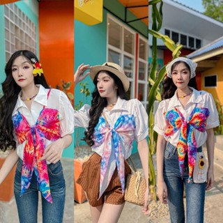 เสื้อเชิ๊ตคอปก ดีไซน์ผูกโบว์เด่นๆ โบว์ด้านหน้าแกะออกได้ เสื้…