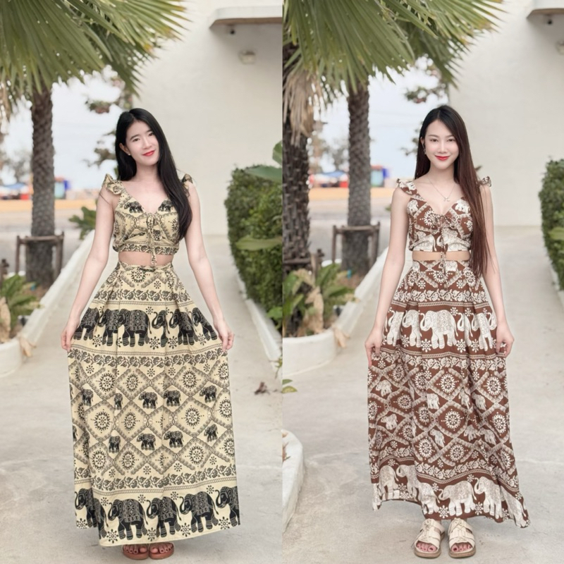 TANTANOD -รหัสE234 ชุดเซ็ตช้าง เสื้อแขนระบายผูกโบว์หน้า กระโปรงจีบยาว