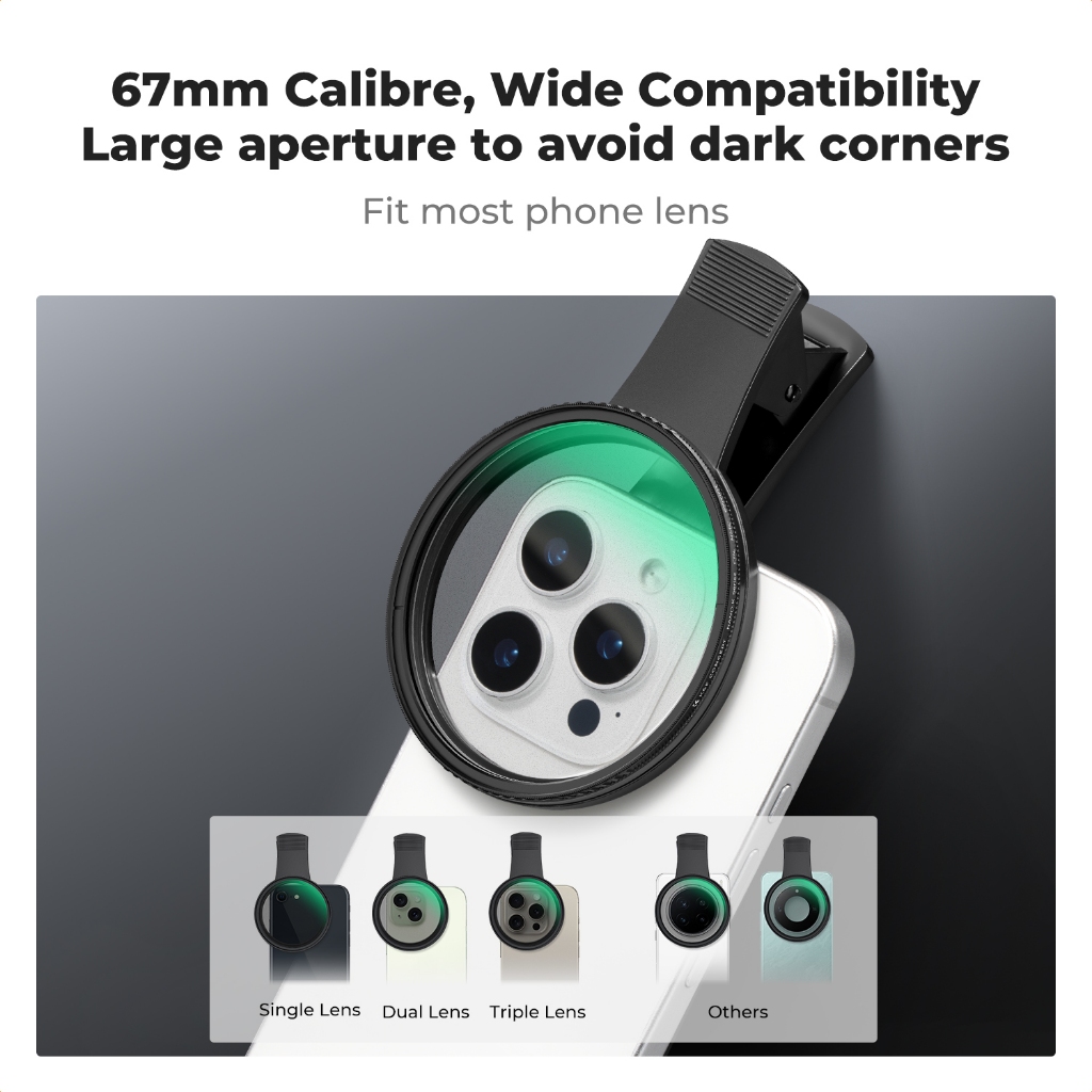 K&F CONCEPT 67mm mobile Phone clip black soft 1/4Filter mobile phone CPL Filter mobilePhone NDFilter