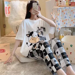 (พร้อมส่งจากไทย) ชุดนอนผู้หญิงสไตล์เกาหลี แบบแขนสั้นขายาว ผ้าคอตตอนสแปนเด็กซ์ ลายการ์ตูน