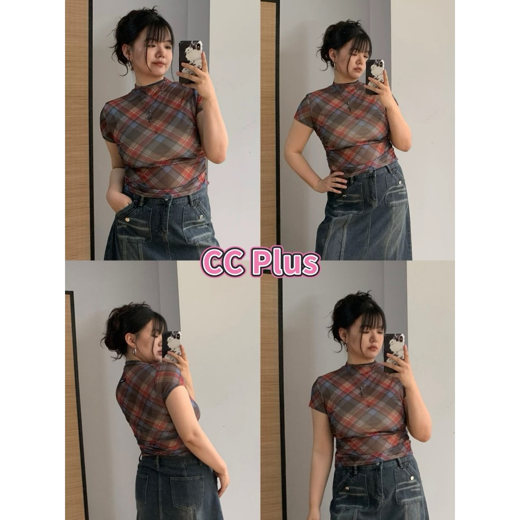 CiCi Plus+(8812-1) เสื้อแขนสั้นผ้าซีทรู ลายสก๊อต ดีเทลจั้มเอว ผ้ายืดใส่สบาย สไตล์สาวพลัสไซส์
