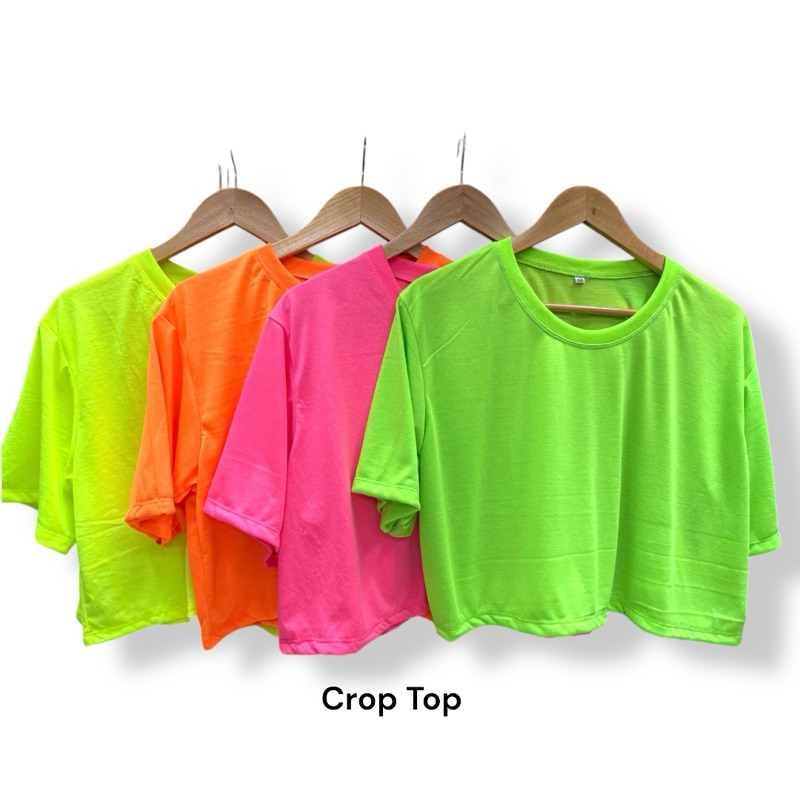 เสื้อครอปสีสะท้อนแสง ผ้าTK สีNeonแขนสั้นเอวลอย คอกลม