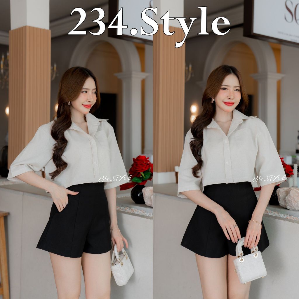 SC01 เสื้อเชิ้ตครอป3ส่วนผู้หญิง ผ้าลินิน กระดุมหน้า สีเรียบๆ ทรงoversize