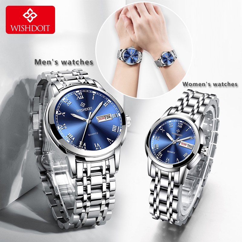 WISHDOIT นาฬิกาคู่ นาฬิกาแท้ นาฬิกากันน้ำ นาฬิกาสแตนเลส นาฬิกาธุรกิจ ปฏิทินเรืองแสง นาฬิกาสำหรับผู้ชาย/ผู้หญิง ชุดกล่องข