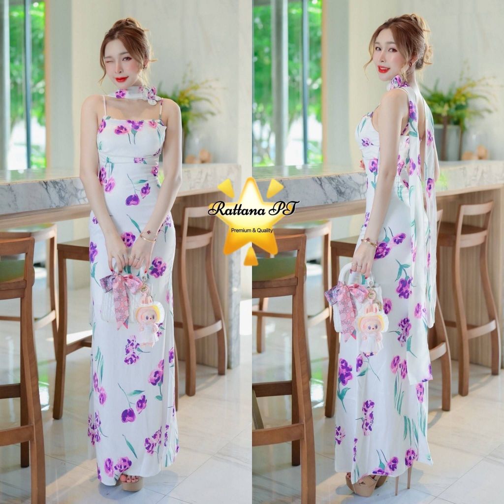Rattana PT BRAND RTN130 ชุดเดรสยาวลายดอกสีม่วง