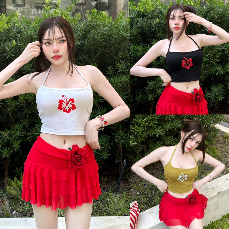 🌈SpinnyHouse🌈เสื้อครอปคล้องคอ ผ้ายืดยูนิ ใส่เล่นน้ำ สกรีนลายดอกชบา 💦 ใส่เล่นสงกรานต์ สาวอวบใส่ได้ รุ่น คล้องคอชบาเล็ก