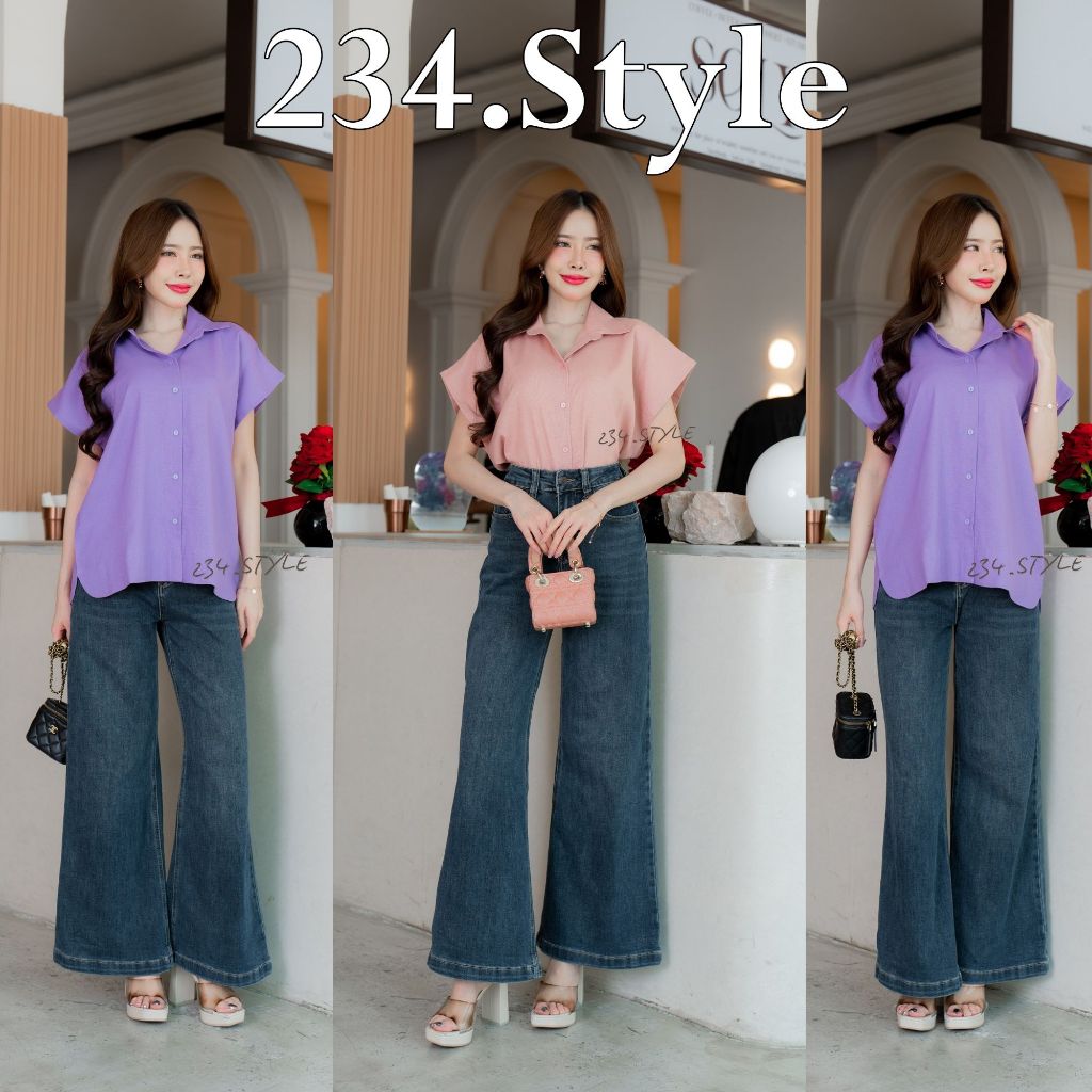 SKL01 เสื้อเชิ้ตผู้หญิงแขนล้ำ กระดุม คอปก ผ้าลินิน สีพื้นเรียบ น่ารัก ใส่สบาย