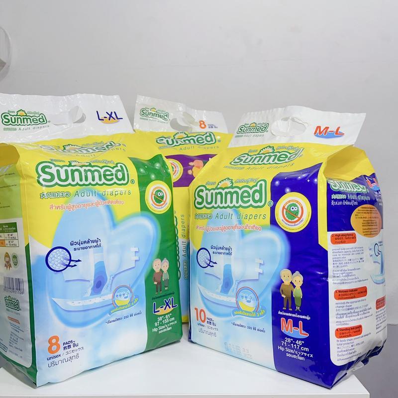 SUNMED ผ้าอ้อมผู้ใหญ่แบบเทป ซันเมด 8 ชิ้น / 10ชิ้น ไซส์ (M-L, L-XL, XL-XXL) ผู้สูงอายุ บุรุษ ผู้หญิง