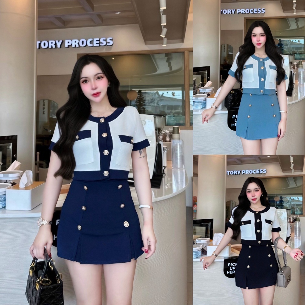 สินค้าพร้อมส่ง ชุดเซตผ้าวูลเวฟ เสื้อทรูโทนกระเป๋าหน้ากระดุมเมอแรง+กางเกงกระโปรงแต่งกระดุมเมอแรง  A2285