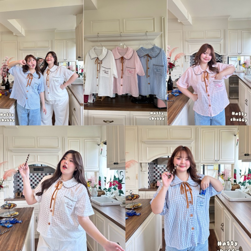 ✅ลดแรงโปรเปิดร้าน เสื้อเชิ้ตคอบัว แต่งริบบิ้นสีน้ำตาลผูกโบว์ที่คอ เนื้อผ้าเมล่อน