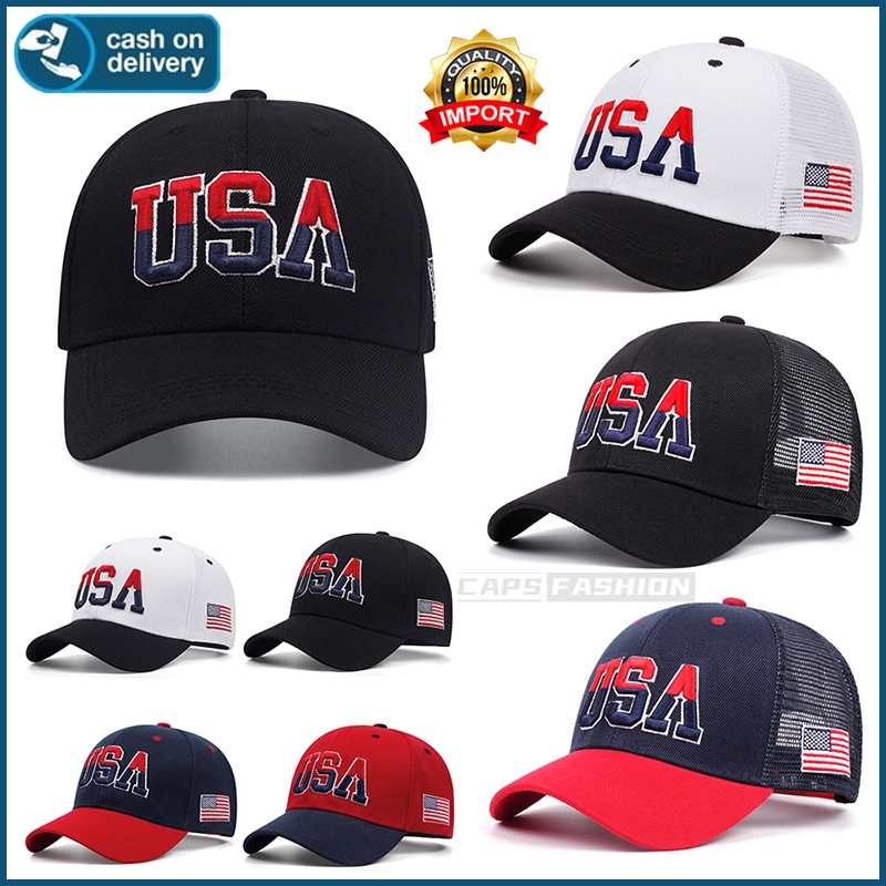 สไตล์เกาหลี หมวกเบสบอล USA ปักลายตัวอักษร trucker cap การออกแบบตาข่ายระบายอากาศ สําหรับผู้หญิง และผู้ชาย