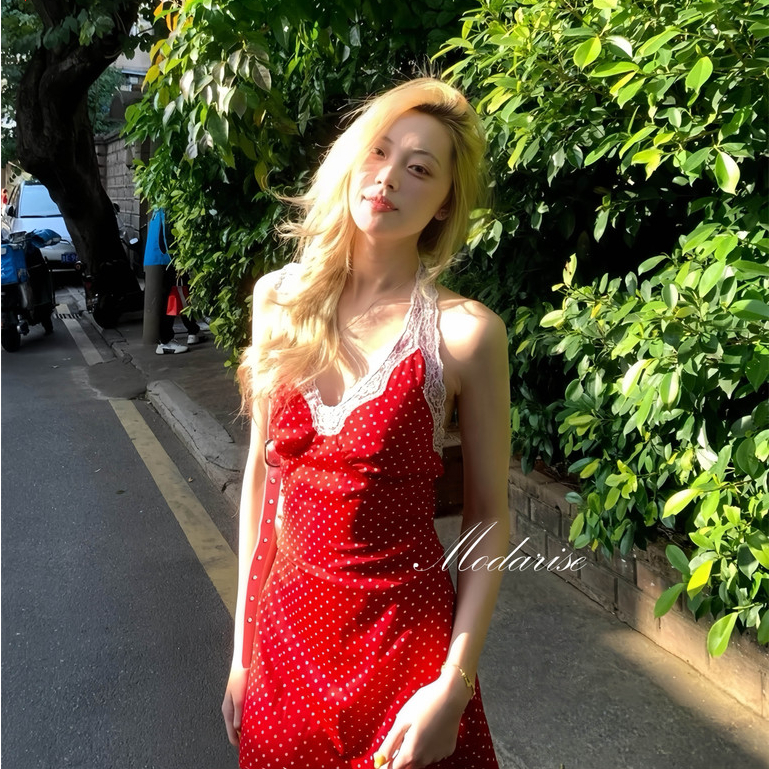 Modarise❤️ชุดเดรสวินเทจคอฮอลเตอร์เปลือยหลังสำหรับผู้หญิงช่วงฤดูร้อน ผ้าลูกไม้  ชุดกระโปรงหลังเปิดสายลายจุดสำหรับผู้หญิง