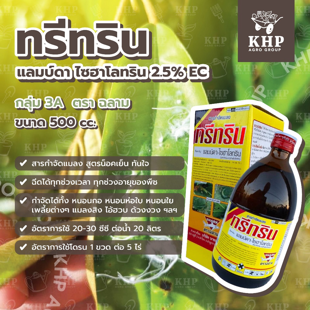 แลมบ์ดา ไซฮาโลทริน 2.5% ทรีทริน ฉลาม สารกำจัดแมลงสูตรน็อค ทันใจ ยาเย็น ฉีดได้ทุกช่วงเวลา ทุกช่วงอายุของพืช ปลอดภัย