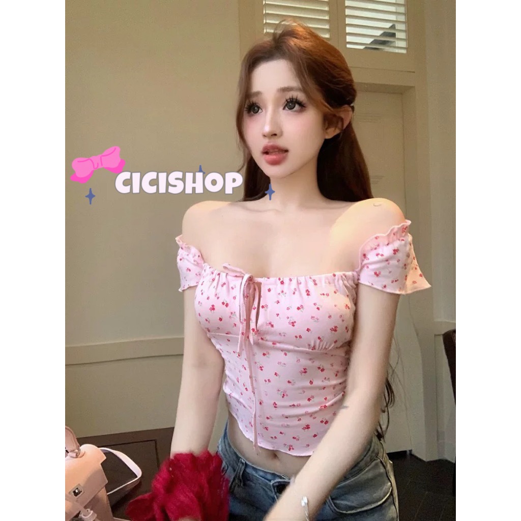Cicishop(H8821) เสื้อสายเดี่ยวดีเทลพิมพ์ดอกไม้พร้อมลูกเล่นผูกเชือกตรงอก สไตล์สาวหวานๆ น่ารักๆ ลูกคุณหนู