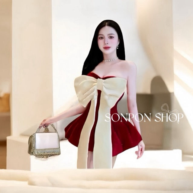 P10 พร้อมส่งในไทย ชุดเดรสผ้ากำมะหยี่เซ็กซี่สไตล์สาวเวียดนาม