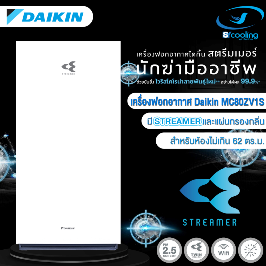 เครื่องฟอกอากาศ ไดกิ้น Daikin (รุ่นใหม่) MC80ZV1S สำหรับห้องขนาดไม่เกิน 62 ตร.ม. ส่งฟรี