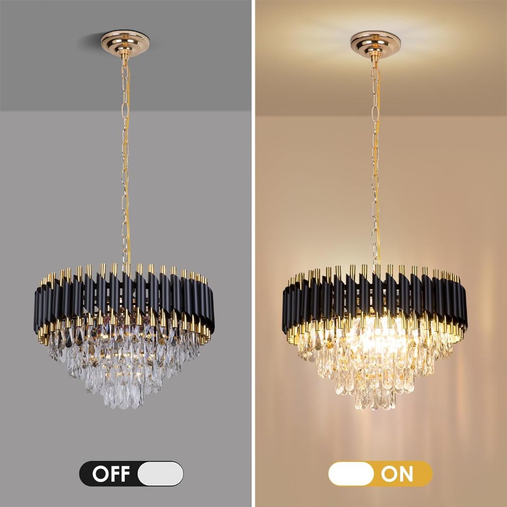 GOGEOUS โคมไฟระย้า LED โคมระย้าคริสตัลสีทอง แบบโมเดิร์น วงกลม 5 ชั้น แบบห้อยเพดาน โคมระย้า แบบใหญ่และให้แสงสว่างสวยงา