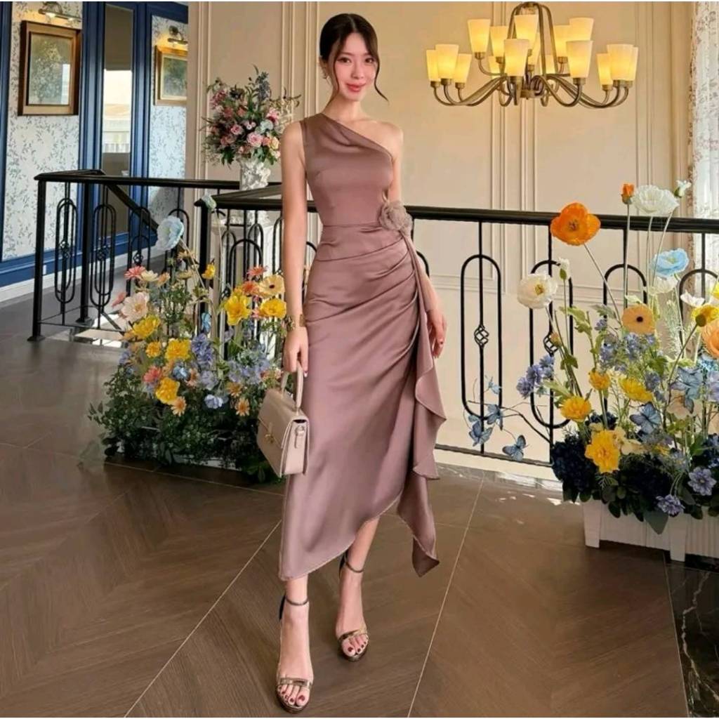 ❣️พร้อมส่ง📌 LALADA ชุดออกงาน เดรสไหล่เฉียง แต่งระบายพร้อมดอกไม้ งานแต่ง เพื่อนเจ้าสาว ดินเนอร์ - รูปที่ 7