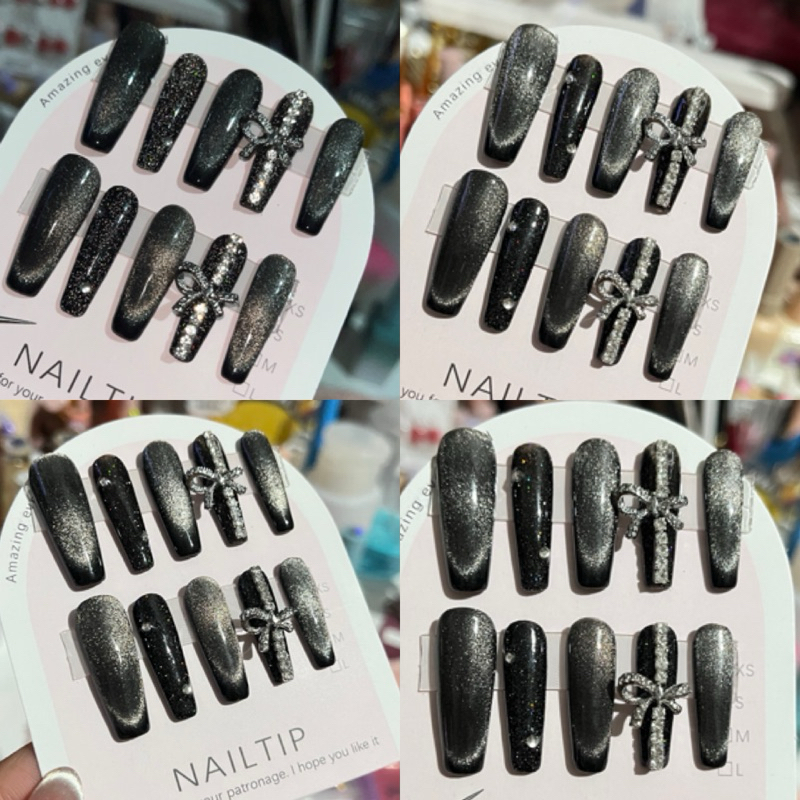 🇹🇭 เล็บเจลปลอมพร้อมติดเล็บ (จัดส่ง 1-3วัน) สีดำแฟลชลูกแก้ว พร้อมตะไบกาวติดเล็บ แอลกฮอล์ เจลเล็บปลอม พร้อม ปลอม💅🏻