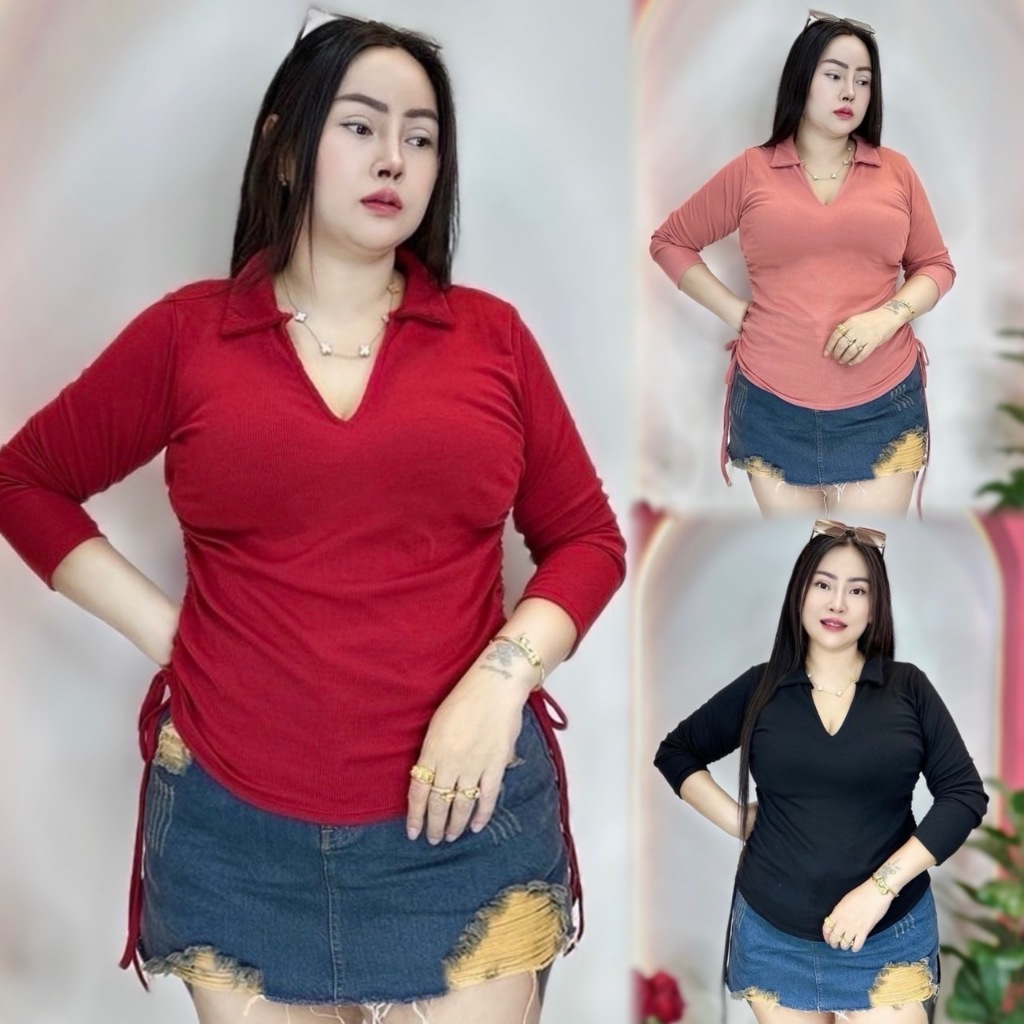 เสื้อผ้าสาวอวบ..ร้านปอปังแฟชั่น..จัดส่งไว อก38-44ยาว26 **คอวีปกรูด2ข้างแขนยาว**