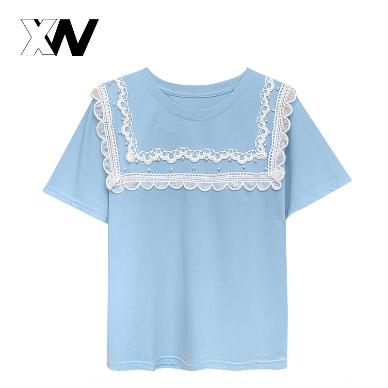 XWbrand  NEW เสื้อยืดแฟชั่น เสื้อยืดคุณผู้หญิง แต่งดีไซน์ลูกไม้ น่ารักมากๆ เสื้อยืดผญสวยๆ ดีเทลคอกลม นำเทรนด์สุดๆไปเลย