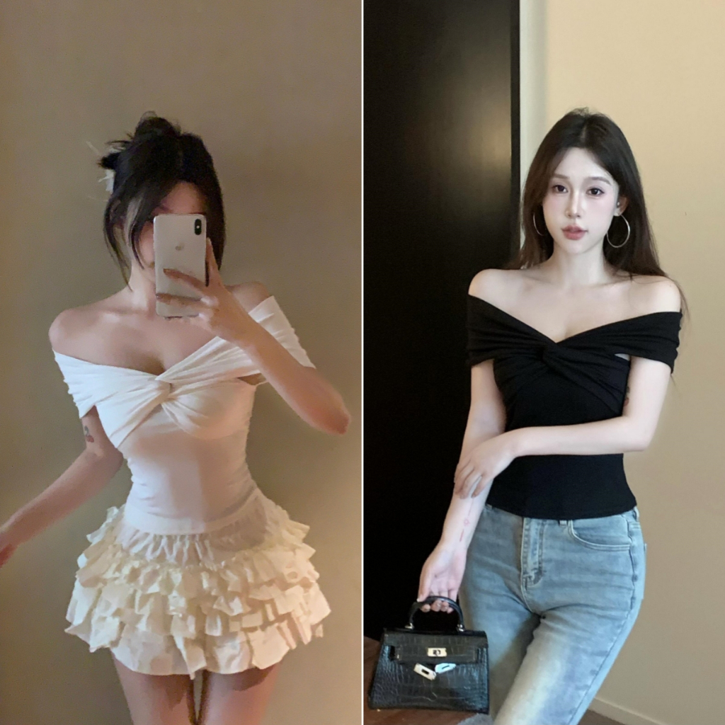 cherryshop พร้อมส่ง เสื้อเปิดไหล่แขนสั้นเซ็กซี่สไตล์เกาหลีสำหรับผู้หญิง สีพื้น สไตล์สลิมฟิต ไขว้ปม