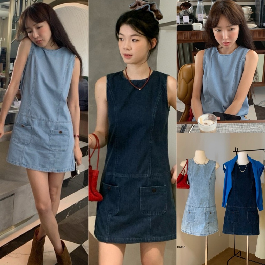 🧡🧵 🇰🇷 W3821 เดรสแขนกุด ผ้ายีนส์  มีซิปหลัง แต่งกระเป๋าหน้า แฟชั่นเกาหลี TAG WG.WE 🧵🧡