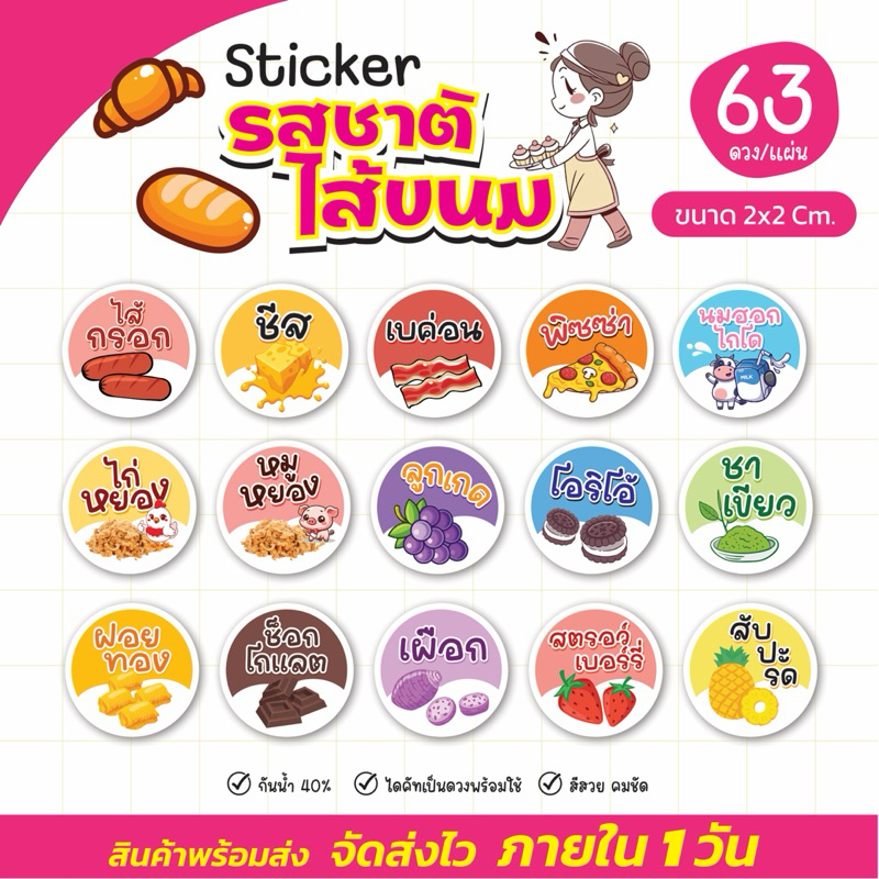 สติ๊กเกอร์ไส้ขนม สติ๊กเกอร์รสชาติ ผลไม้ เบเกอรี่ ขนมปัง ขนาด 2 cm ได้ 63 ดวงต่อแผ่น