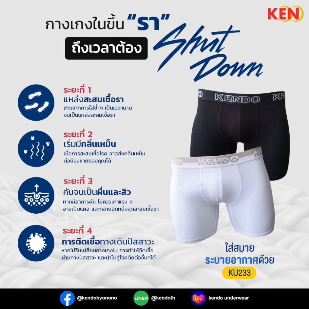 Kendo กางเกงชั้นในชาย ทรงทรังค์ รุ่น KU233 สัมผัสนุ่ม ลื่น ด้วยเนื้อผ้า Cotton Spandex แห้งไว ระบายอากาศได้ดี