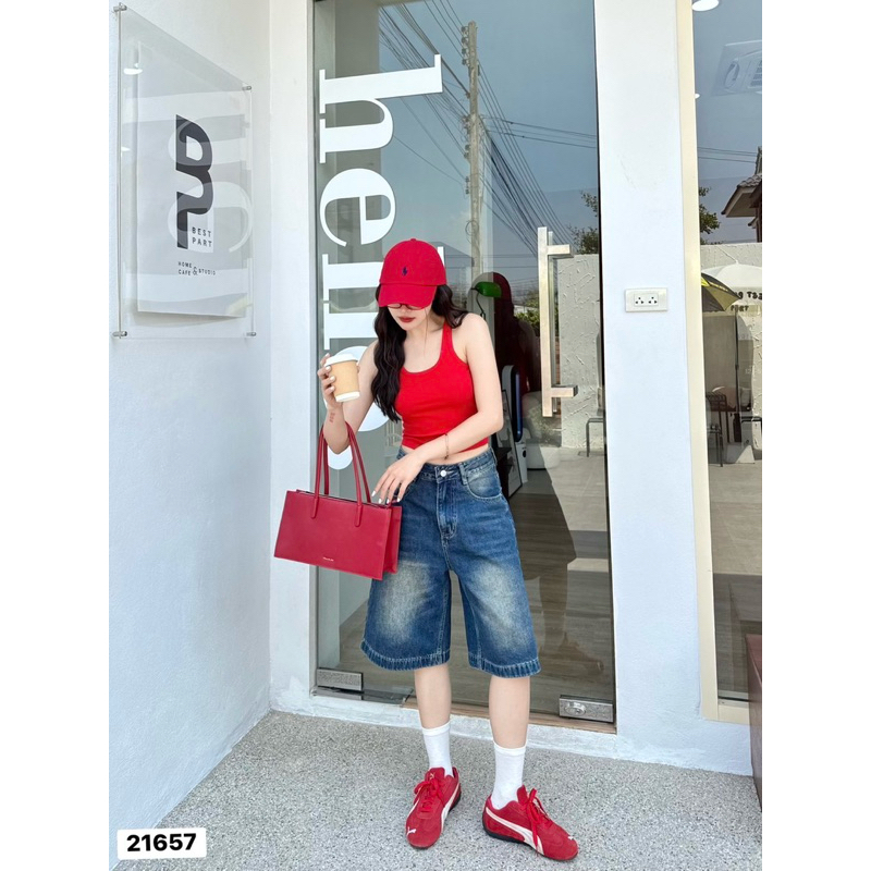 กางเกงยีนส์ขาสั้นทรงช่างสีฟอกYMEBRAND#21657